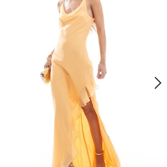 ASOS DESIGN cami maxi dress with cowl neck and ruffle split detail in orange - Picture 1 of 5